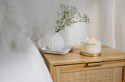 Bougie à la cire de soja Patchouli + Musc blanc, couvercle doré